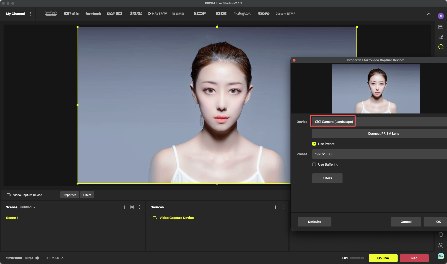 PRISM Live Studio selecting the CiCi Cam virtual camera with CPU usage visible